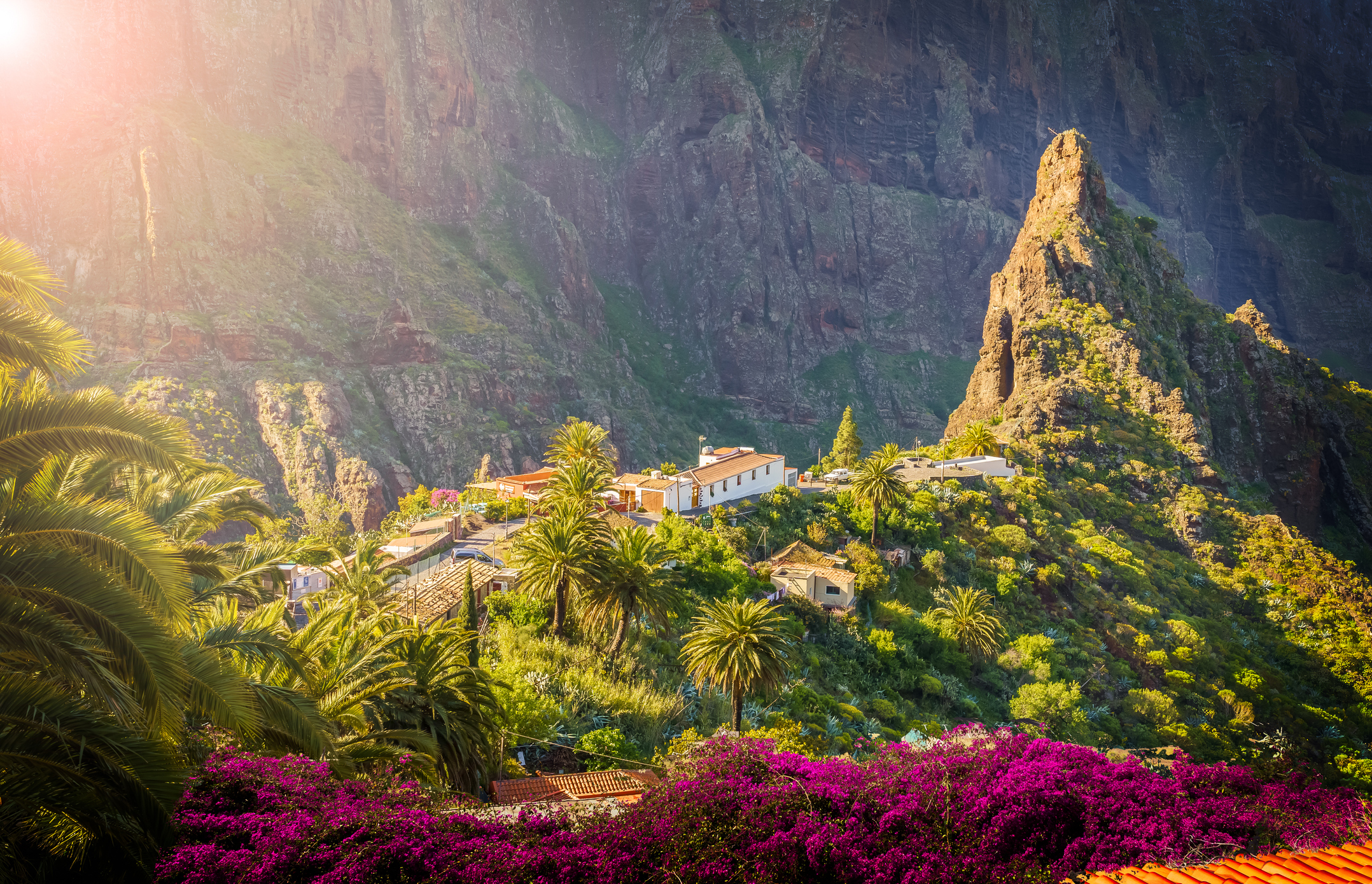 Masca Village met groene bergen en palmbomen in Tenerife. 